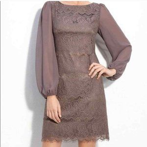 Eliza J Size 4 Taupe Brown Lace Overlay Sheer Sheath Dressy Dress